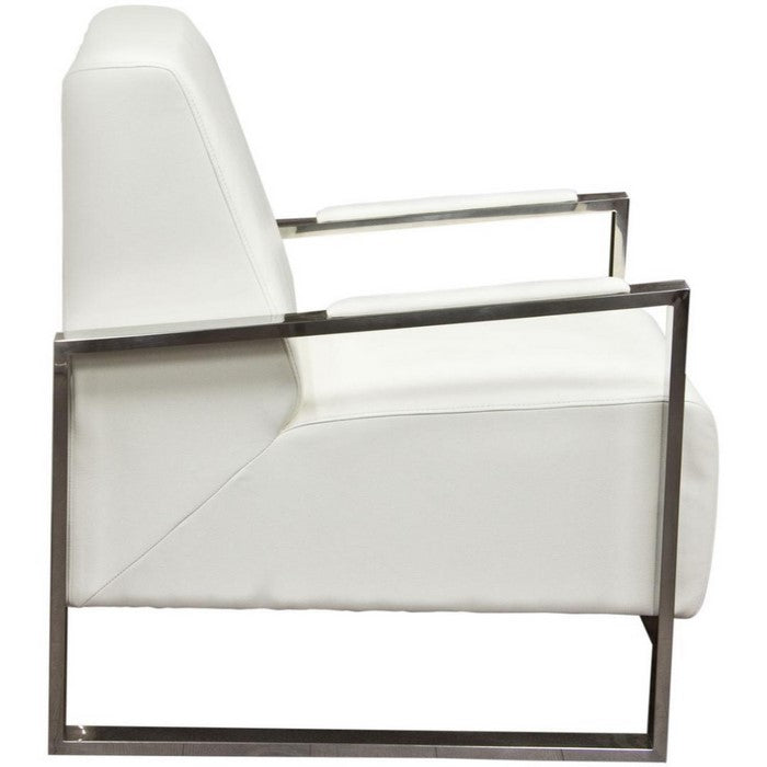 Faux Leather Upholstered Accent Chair with Stainless Steel Sled Support, White and Silver