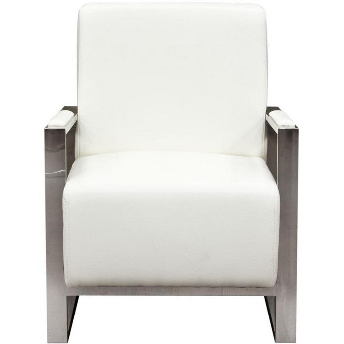 Faux Leather Upholstered Accent Chair with Stainless Steel Sled Support, White and Silver