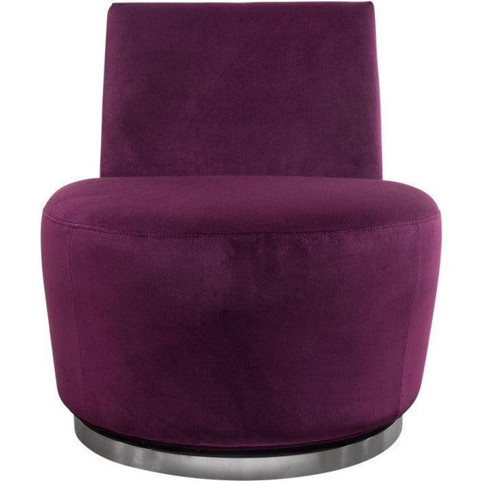Velvet Upholstered Swivel Accent Chair with Stainless Steel Base, Purple and Silver