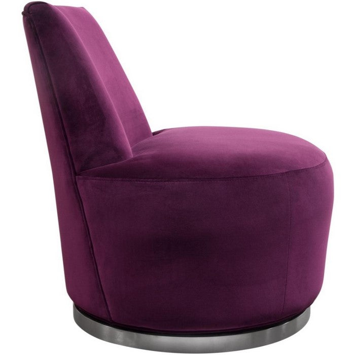 Velvet Upholstered Swivel Accent Chair with Stainless Steel Base, Purple and Silver