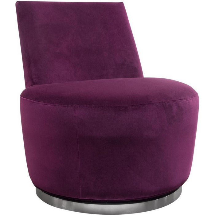 Velvet Upholstered Swivel Accent Chair with Stainless Steel Base, Purple and Silver