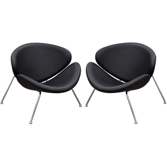 Modern Leatherette Upholstered Accent Chair with Angled Metal Legs, Set of Two, Black and Silver