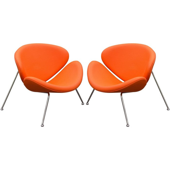 Modern Leatherette Upholstered Accent Chair with Angled Metal Legs, Set of Two, Orange and Silver