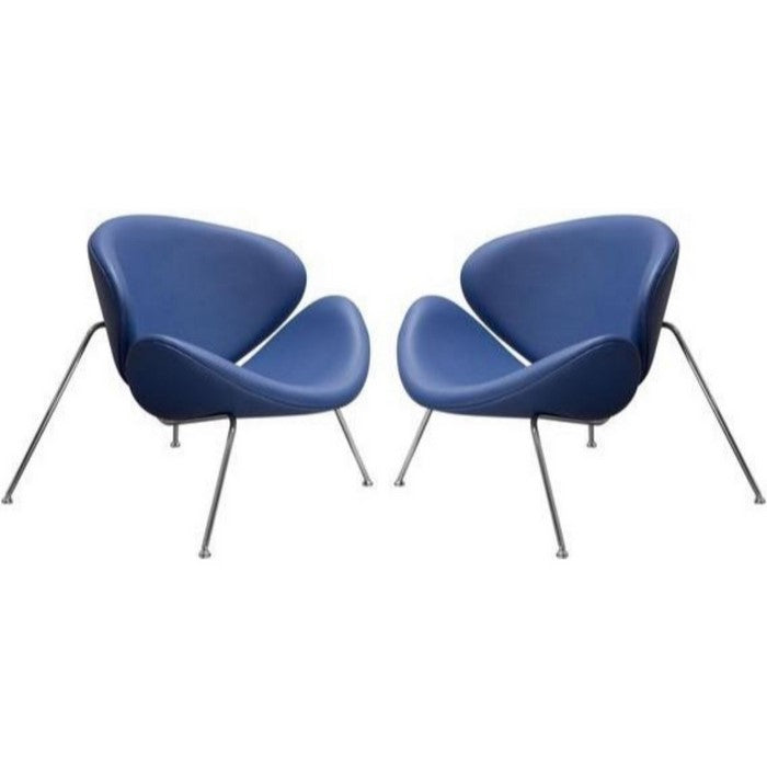 Modern Leatherette Upholstered Accent Chair with Angled Metal Legs, Set of Two, Blue and Silver