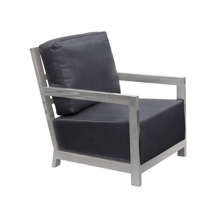 Stainless Steel Framed Leatherette Accent Chair with Sleek Armrest, Black and Silver