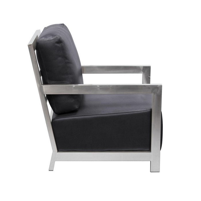 Stainless Steel Framed Leatherette Accent Chair with Sleek Armrest, Black and Silver