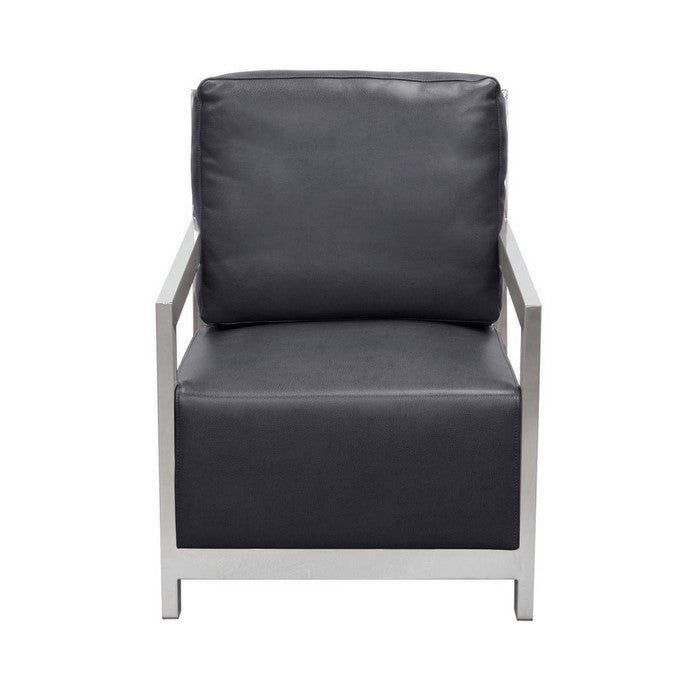 Stainless Steel Framed Leatherette Accent Chair with Sleek Armrest, Black and Silver