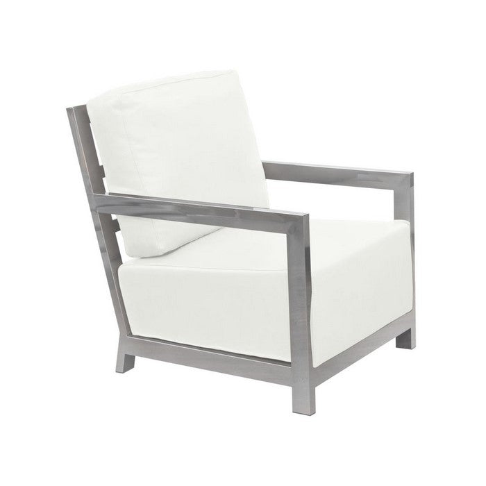 Stainless Steel Framed Leatherette Accent Chair with Sleek Armrest, White and Silver
