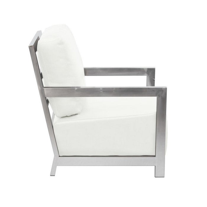 Stainless Steel Framed Leatherette Accent Chair with Sleek Armrest, White and Silver