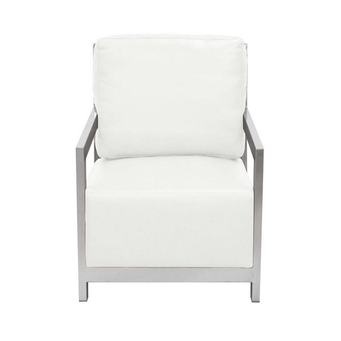 Stainless Steel Framed Leatherette Accent Chair with Sleek Armrest, White and Silver