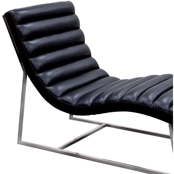 Stainless Steel Framed Leatherette Chaise Lounge with Channel Tufting, Black and Silver