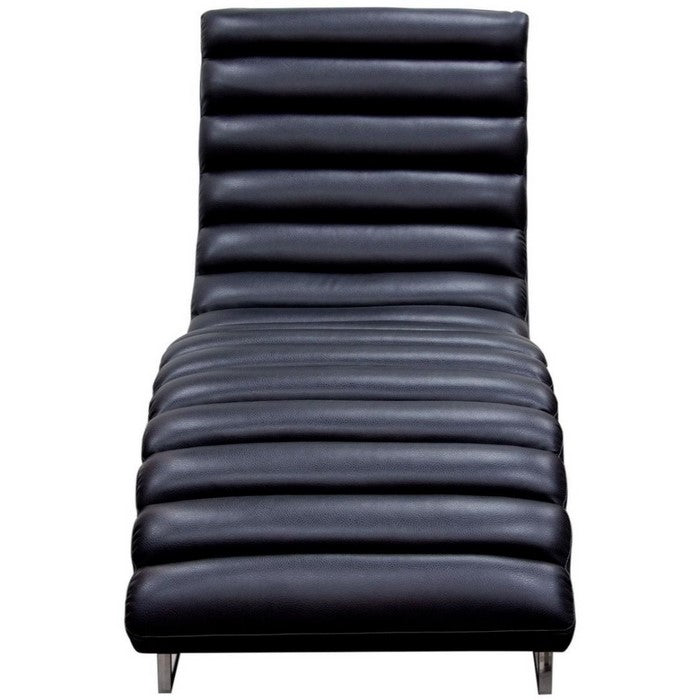 Stainless Steel Framed Leatherette Chaise Lounge with Channel Tufting, Black and Silver