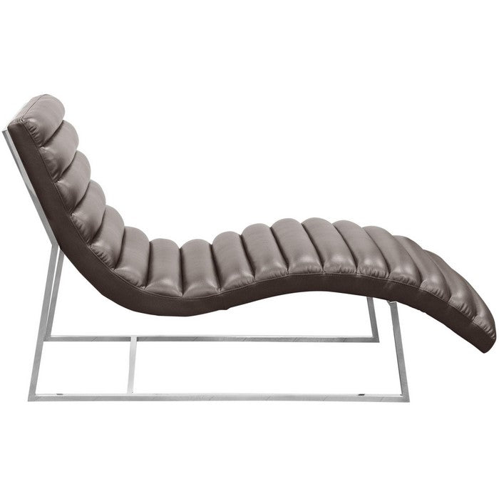 Stainless Steel Framed Leatherette  Chaise Lounge with Channel Tufting, Gray and Silver