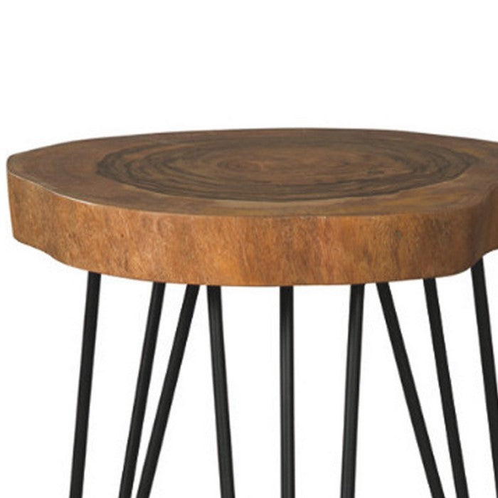 Wooden Top Accent Table with Metal Angular Feet, Brown and Black