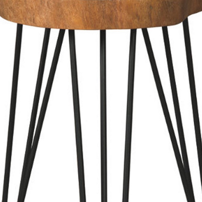 Wooden Top Accent Table with Metal Angular Feet, Brown and Black