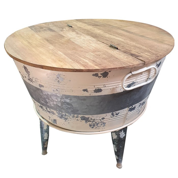 Distressed Wood and Metal Storage Coffee Table with Hinged Lift Top, Brown and Gray