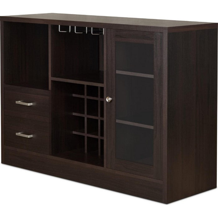 2 Drawer Wooden Server with One Side Door Cabinet and Wine Rack, Dark Brown