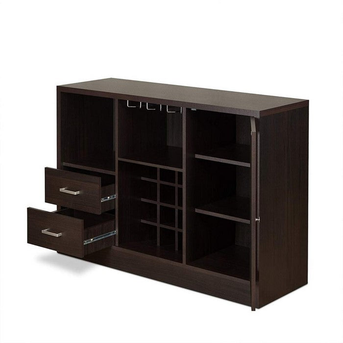 2 Drawer Wooden Server with One Side Door Cabinet and Wine Rack, Dark Brown