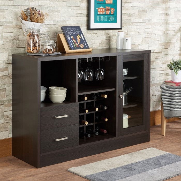 2 Drawer Wooden Server with One Side Door Cabinet and Wine Rack, Dark Brown