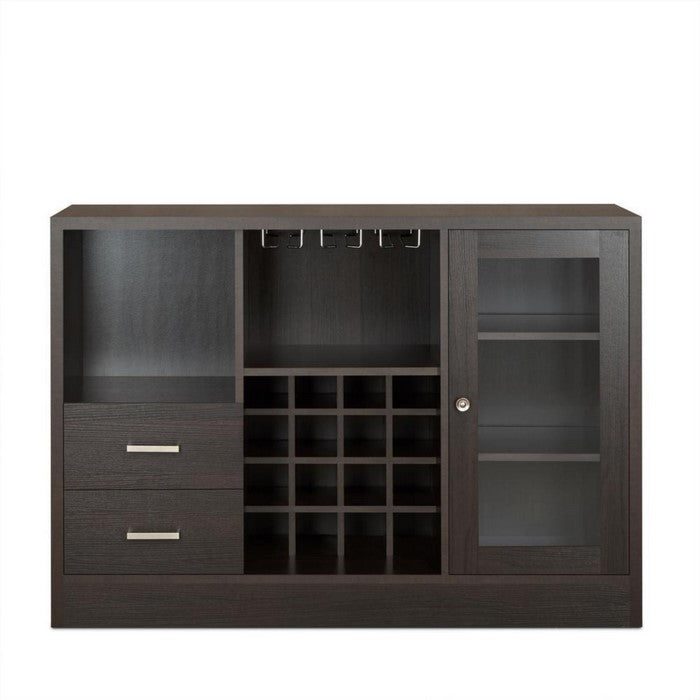 2 Drawer Wooden Server with One Side Door Cabinet and Wine Rack, Dark Brown