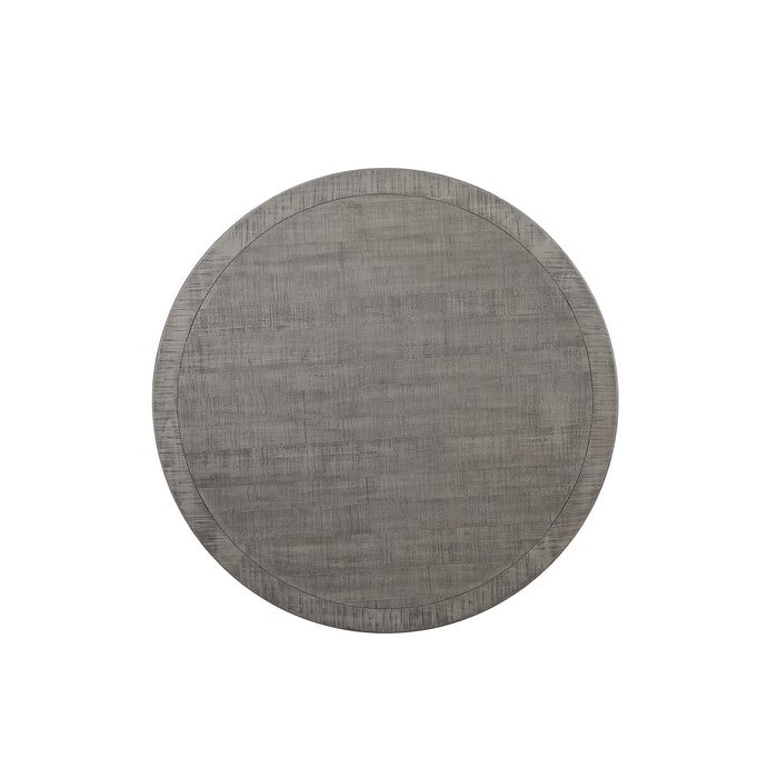 Wooden Dining Table with Pedestal Base and Raised Scrolled Motifs, Gray