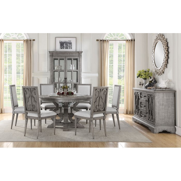 Wooden Dining Table with Pedestal Base and Raised Scrolled Motifs, Gray