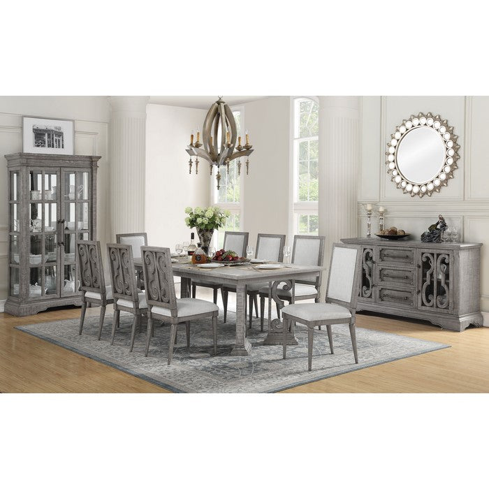 Rectangular Wooden Dining Table with Ornated Legs and Extension Leaf, Gray