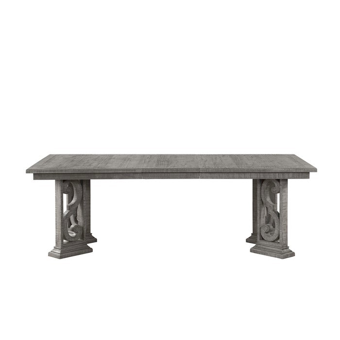 Rectangular Wooden Dining Table with Ornated Legs and Extension Leaf, Gray