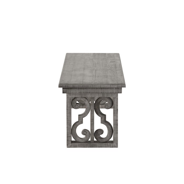 Wooden Dining Bench with Sled Legs andDecorative Scrolled Motifs, Gray