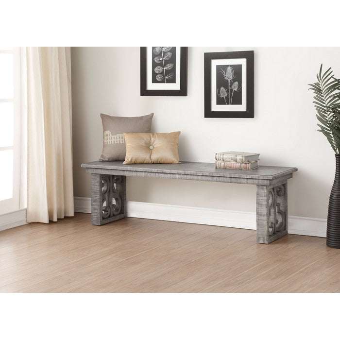 Wooden Dining Bench with Sled Legs andDecorative Scrolled Motifs, Gray