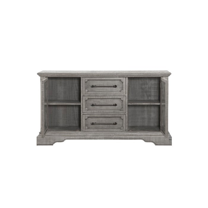 Spacious Pine Wood Server with Bracket Leg and Scrolled Motif, Gray