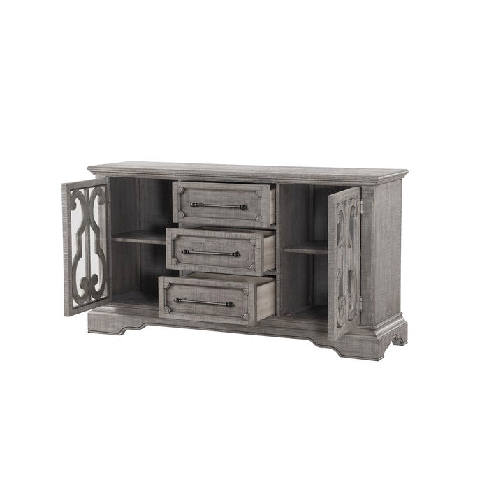 Spacious Pine Wood Server with Bracket Leg and Scrolled Motif, Gray