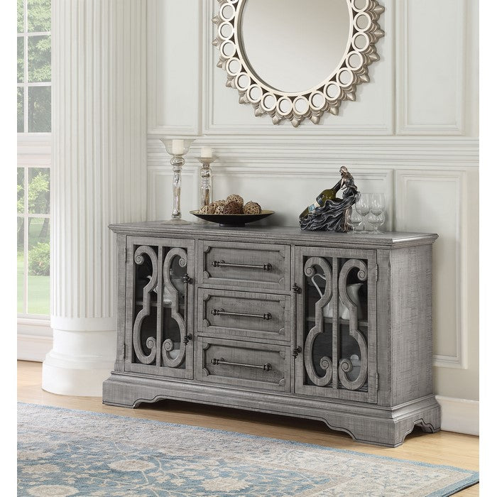 Spacious Pine Wood Server with Bracket Leg and Scrolled Motif, Gray