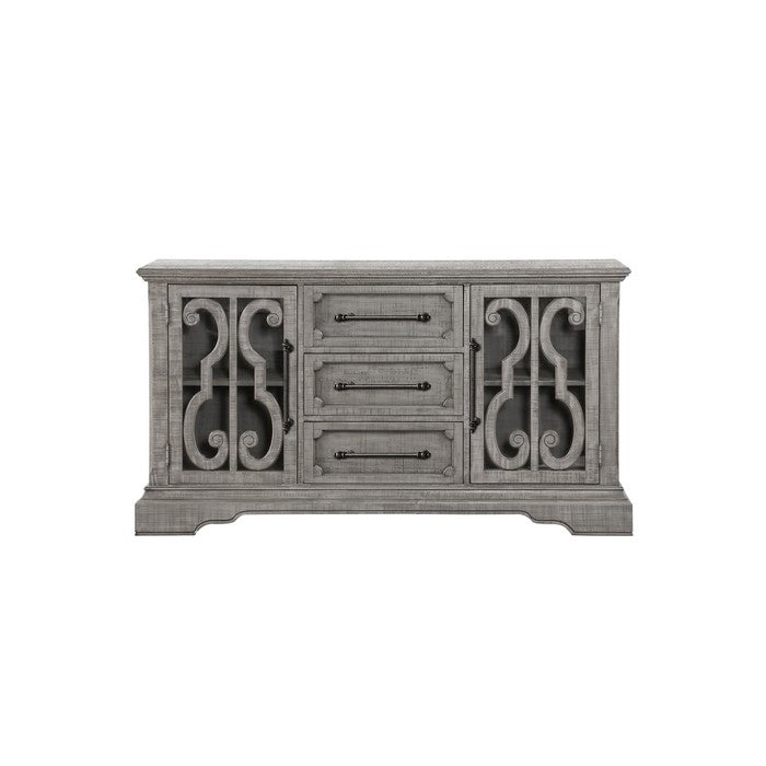 Spacious Pine Wood Server with Bracket Leg and Scrolled Motif, Gray