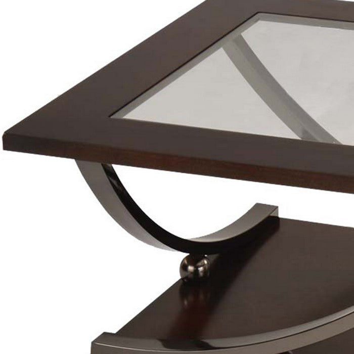 21 Inch Glass Top Wooden Coffee Table with Casters, Brown