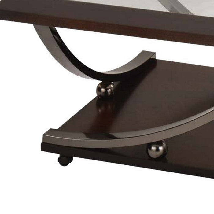 21 Inch Glass Top Wooden Coffee Table with Casters, Brown