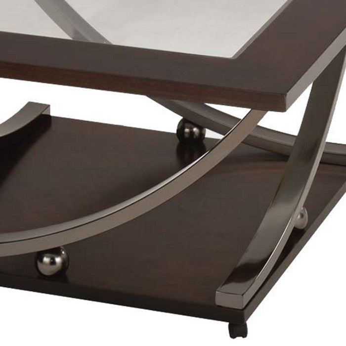 21 Inch Glass Top Wooden Coffee Table with Casters, Brown