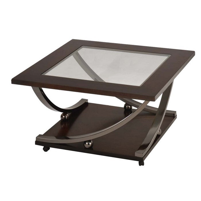 21 Inch Glass Top Wooden Coffee Table with Casters, Brown