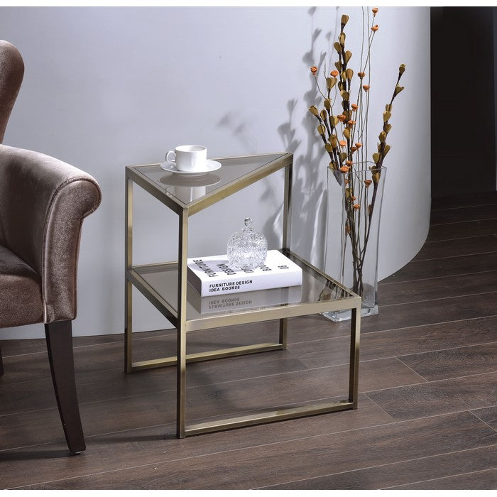 Modern Style Two Tiered Metal and Glass End Table, Gold and Clear