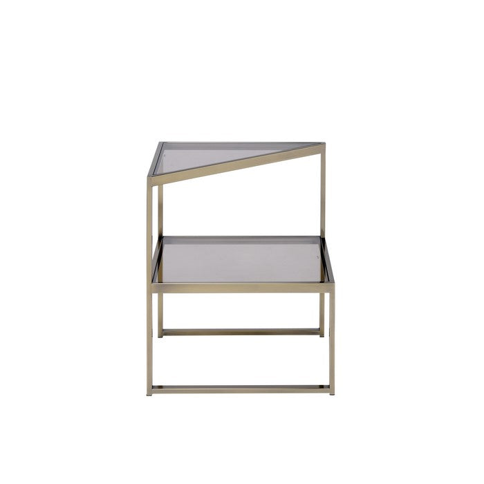 Modern Style Two Tiered Metal and Glass End Table, Gold and Clear
