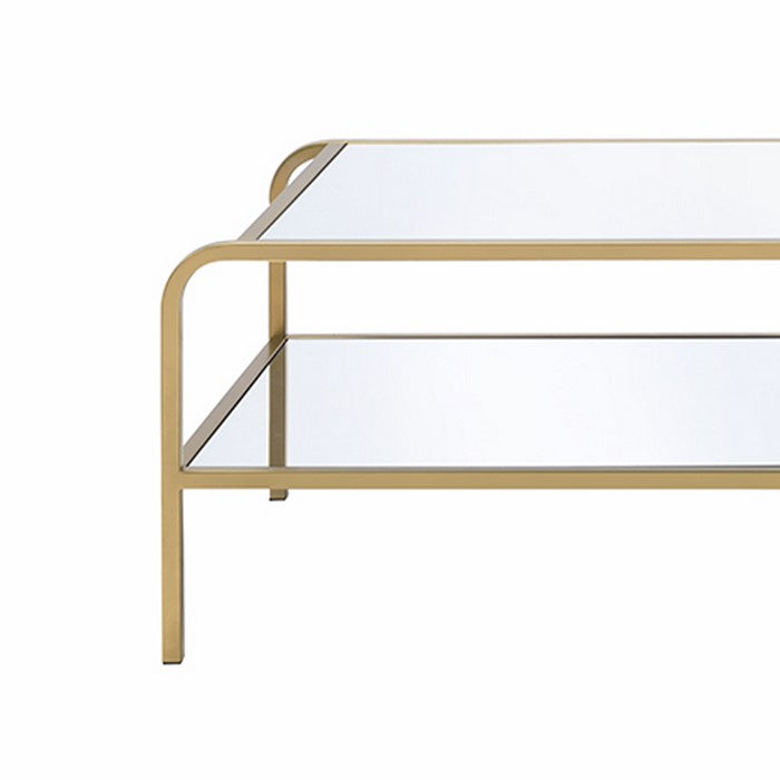 Metal Frame Mirrored Coffee Table with Tiered Shelves, Gold and Silver