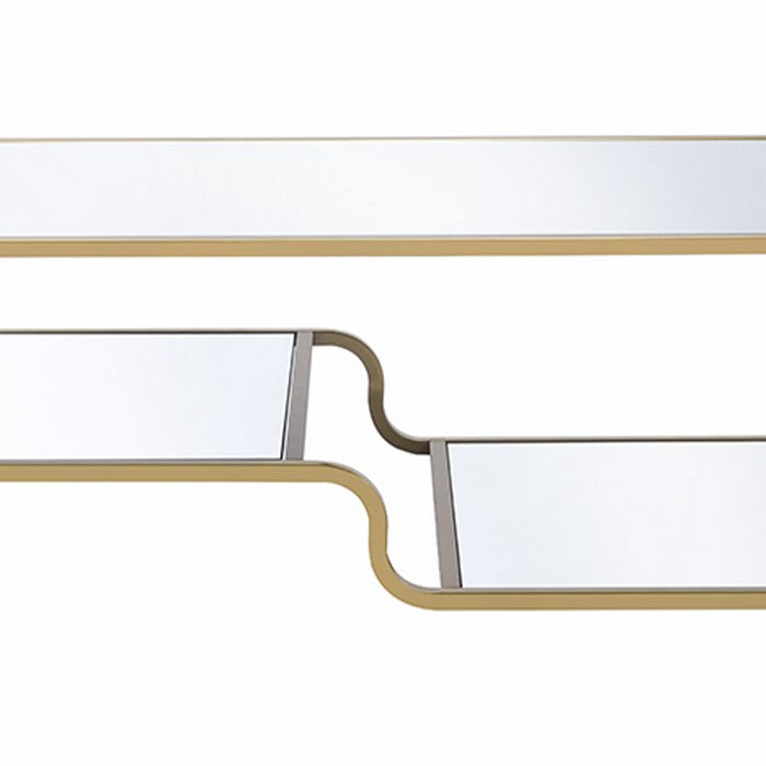 Metal Frame Mirrored Coffee Table with Tiered Shelves, Gold and Silver