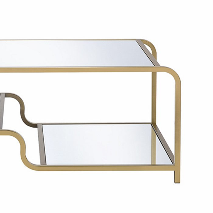 Metal Frame Mirrored Coffee Table with Tiered Shelves, Gold and Silver