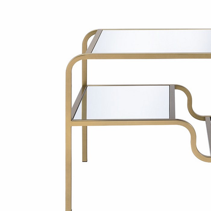 23 Inch 2 Tier Metal Frame Mirrored End Table, Gold and Silver