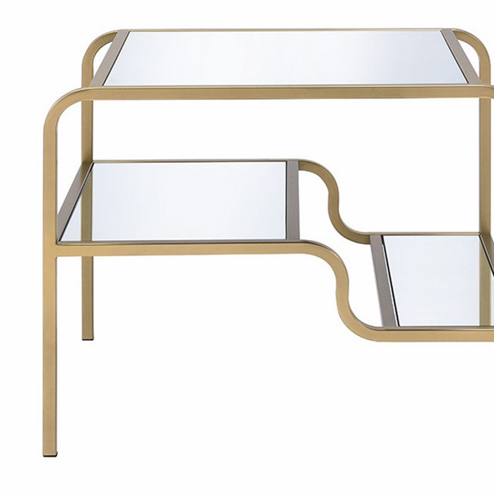 23 Inch 2 Tier Metal Frame Mirrored End Table, Gold and Silver