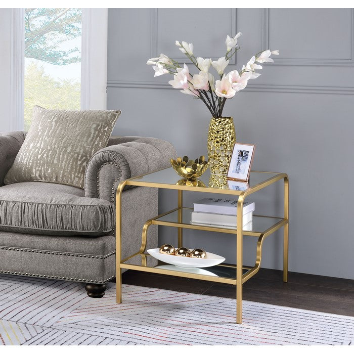 23 Inch 2 Tier Metal Frame Mirrored End Table, Gold and Silver