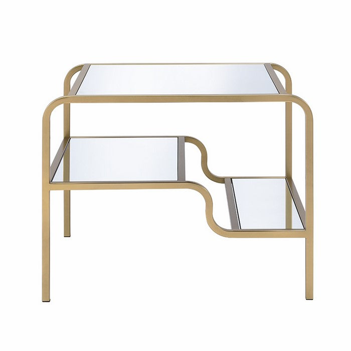 23 Inch 2 Tier Metal Frame Mirrored End Table, Gold and Silver