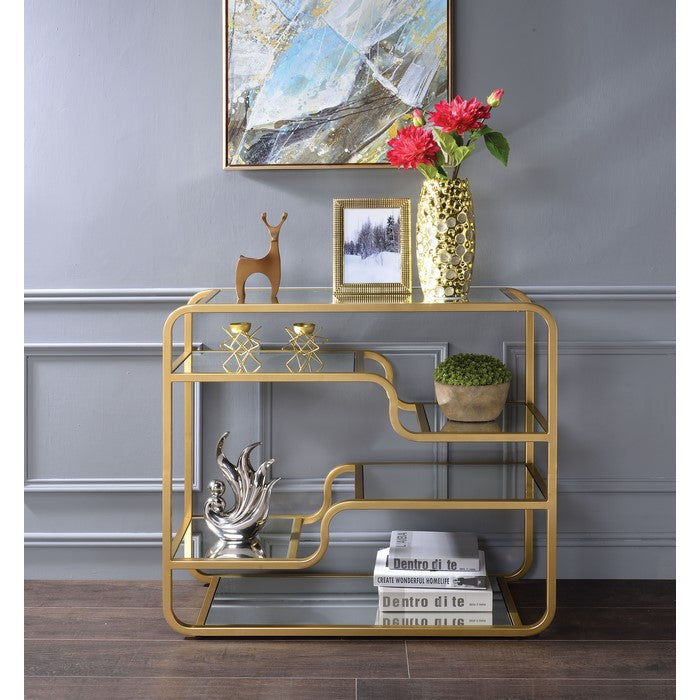31 Inch Metal Frame Mirrored Sofa Table, Gold and Silver