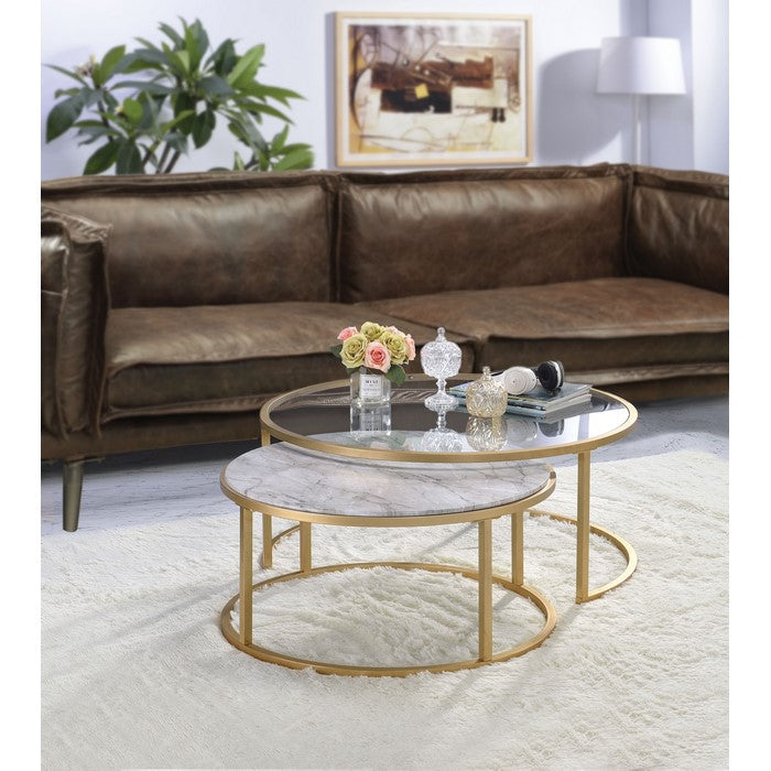 Metal Framed Nesting Coffee Tables with Glass and Marble Tops, Set of Two, Gold
