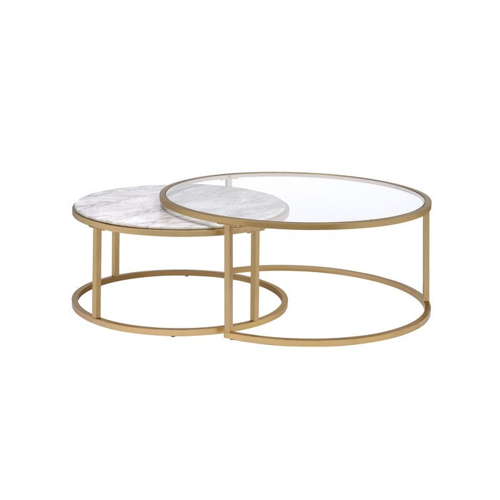Metal Framed Nesting Coffee Tables with Glass and Marble Tops, Set of Two, Gold